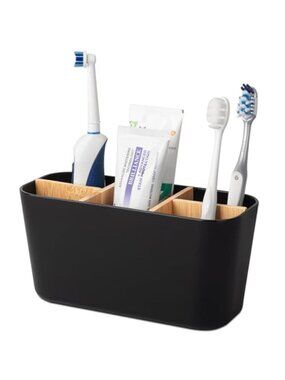 Bamboo Toothbrush Holder 5 Slot Bathroom Countertop Organizer Black Toothpaste